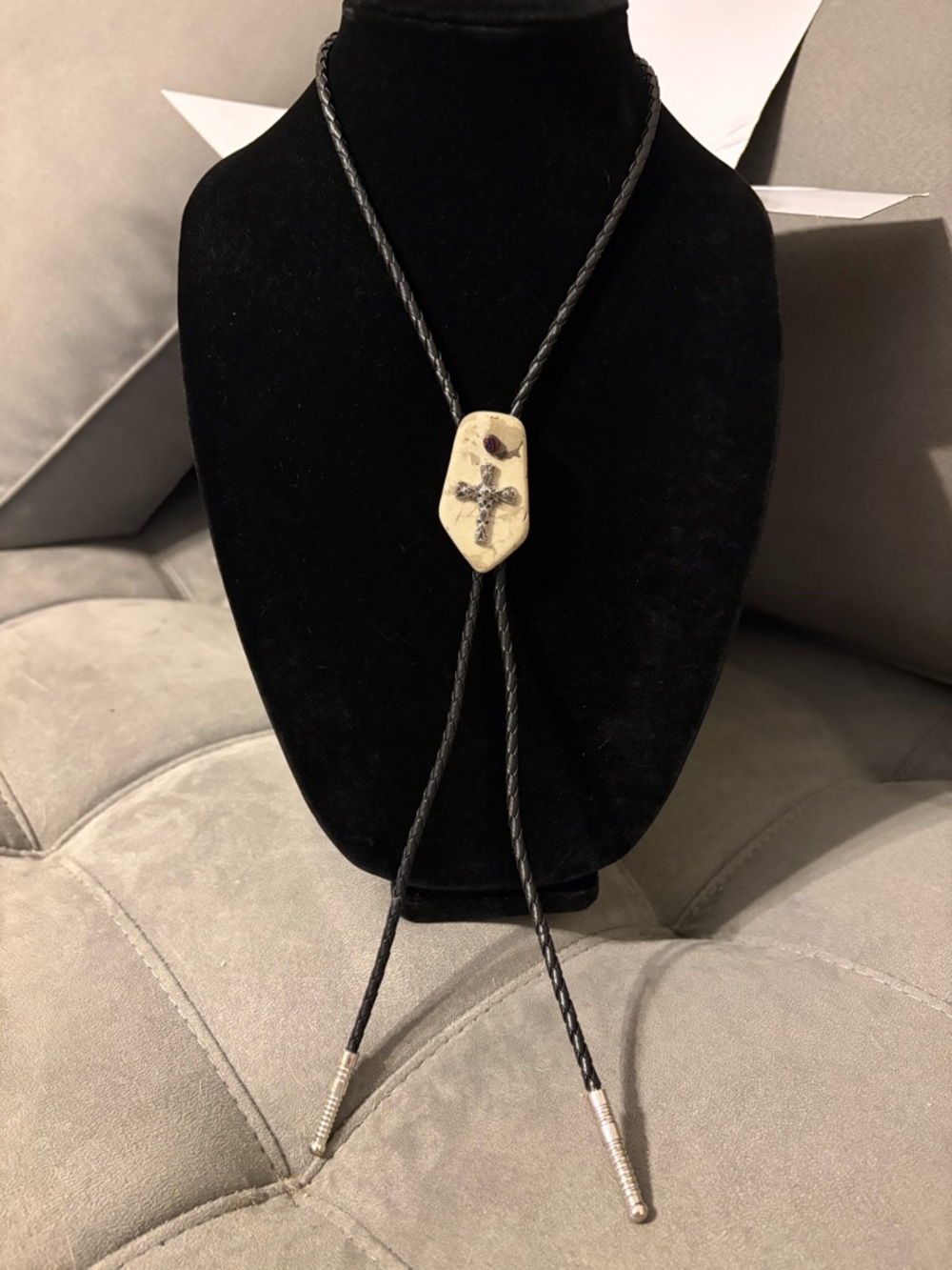 Vintage Southwestern White Natural Stone Silver Cross Amethyst On Leather Cord